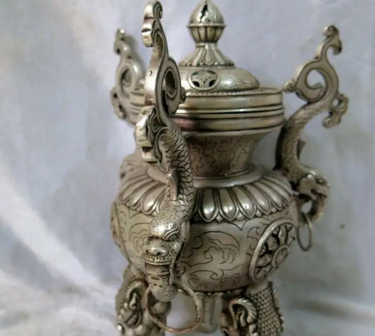 Fine silver censer China carved lucky two Dragon sculpture incense burner Statue | Дом и сад