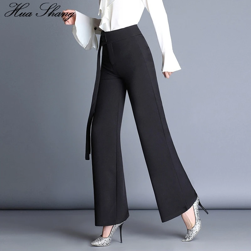 Hua Shang Elegant Women Autumn High Waist Wide Leg Pants With Belt Female Bell Bottom Lady Work Office Trousers Plus Size | Женская