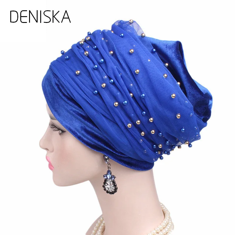 DENISKA 2018 Headscarf Turbante Luxury Mass Gold Beaded Mesh Head wrap Velvet Nigerian Turban Women Hijab Extra Long scarf | Аксессуары