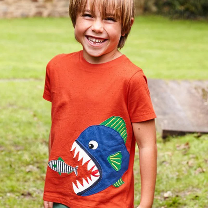 

Футболка для мальчиков, 100% хлопок, оранжевая, с крупными рыбками, летняя, От 1 до 5 лет