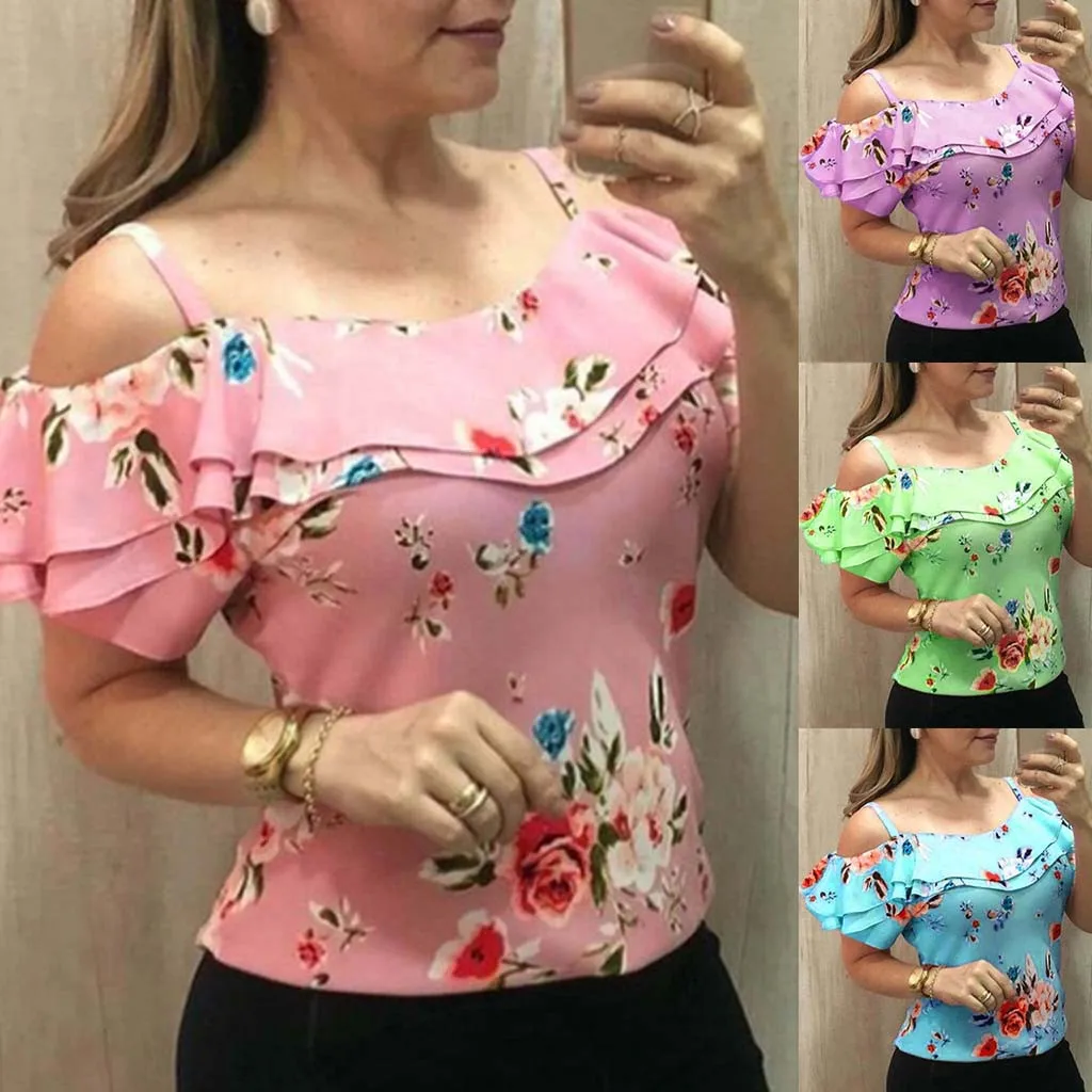 Женская Повседневная с открытыми плечами цветочным принтом коротким рукавом