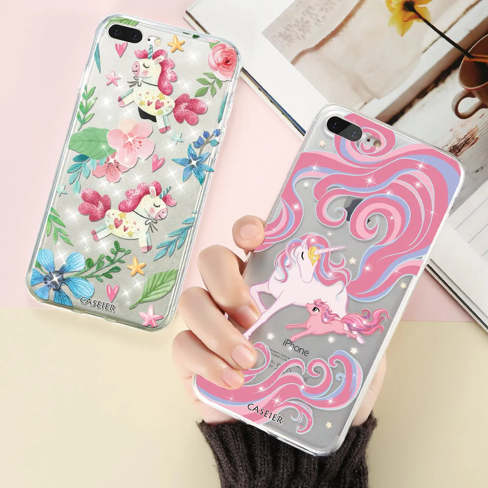 Caseier Единорог рисунком чехол для iPhone 6 6S 7 8 plus со стразами Чехол IPhone X 10 5 5S SE телефон