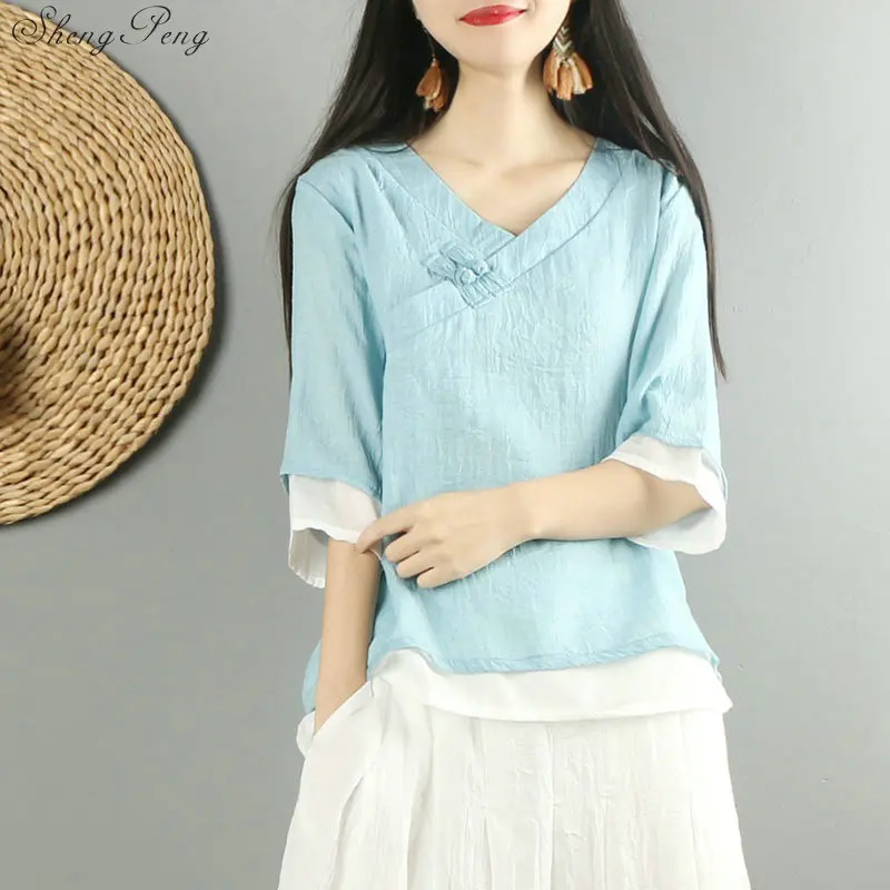 New Traditional Chinese Clothing Womens Tops Blouses Linen Button Shirt Oriental Female Cheongsam Top China Clothing G153