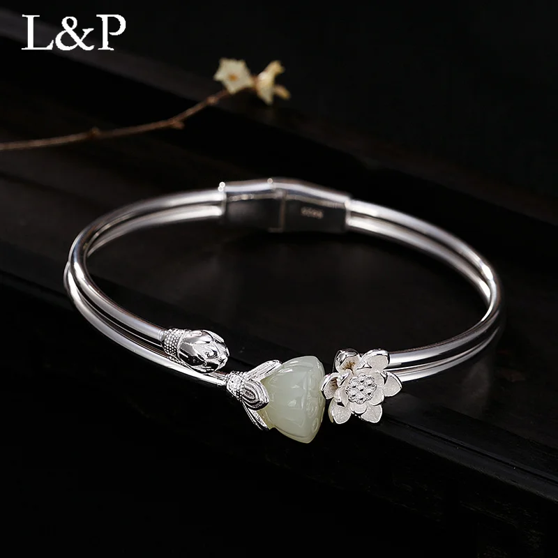 

L&P Retro 925 Sterling Silver Bangle Bracelet For Women Elegant Natural Lotus Jade Adjustable Bangles Fin Jewelry Anniversary