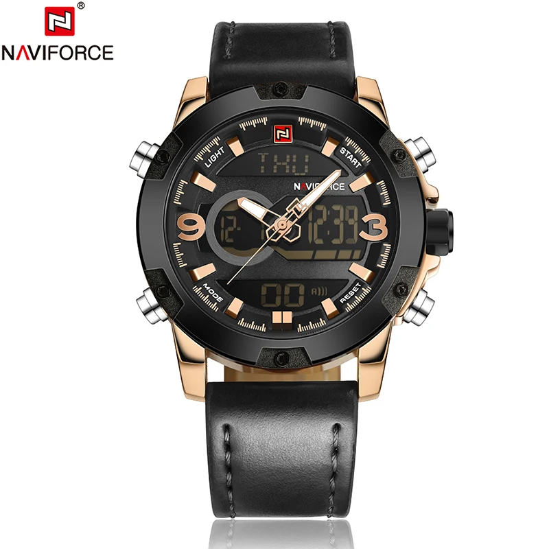 NAVIFORCE Топ люксовый бренд Мужские Аналоговые Цифровые кожаные спортивные часы для