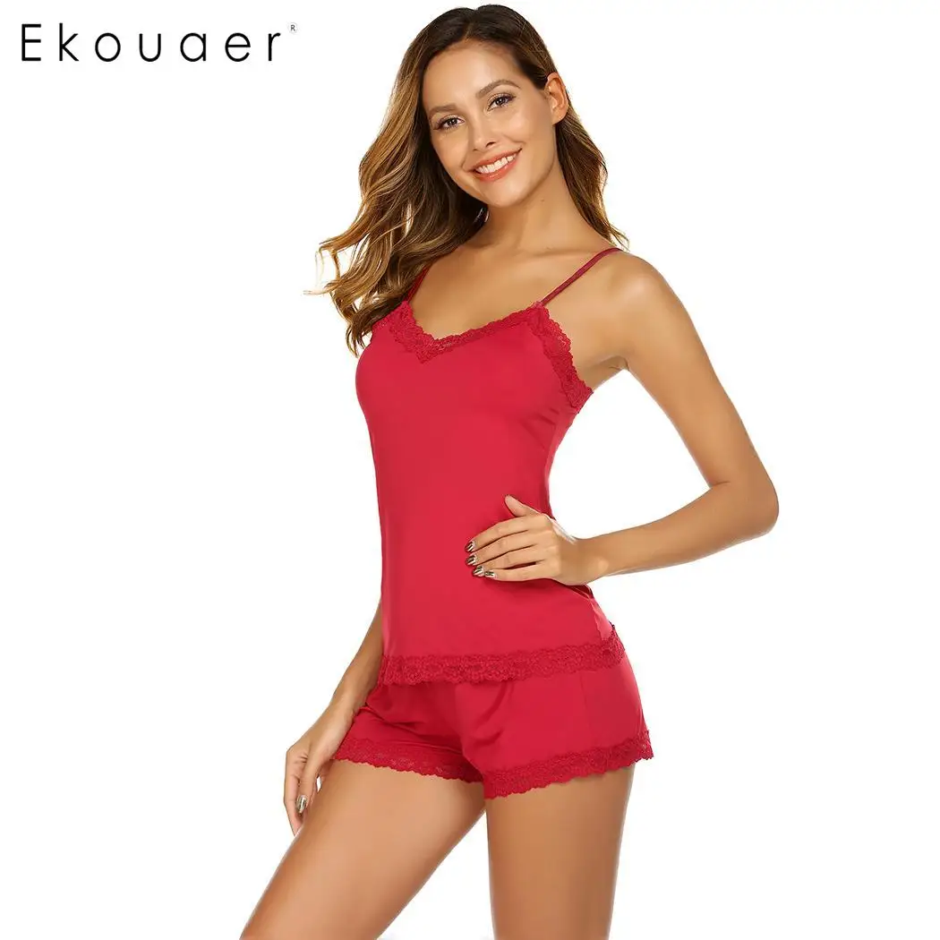 Ekouaer Women Sexy Spaghetti Strap Lingerie Pajamas Set Lace Patchwork Summer Sleepwear Two Piece Pajama Homewear Suits