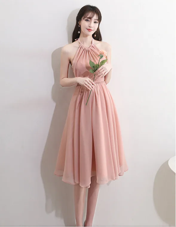 C Новые розовые платья невесты шифон Чай Длина для осени Pleat Спагетти ремень Простой Элегантный Выпускной Пром платье халат де Soriee - Цвет: C