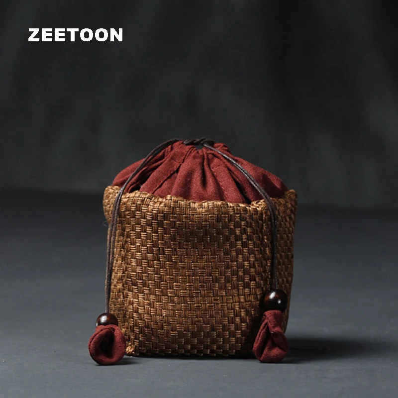 Japanese Style Hand Woven Bamboo Portable Travel Tea Set Storage Bag Teapot Quick Cup Handbag Package for Jewelry Toys | Дом и сад