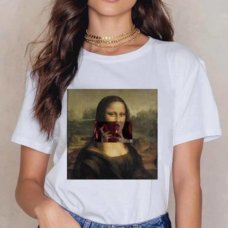 Новинка, Mona Lisa, 90 s, футболка для женщин, модная, Ретро стиль, Винтажная футболка, стильная, эстетическая, Harajuku, футболка, Ullzang, белая, женская футболка - Цвет: 3236