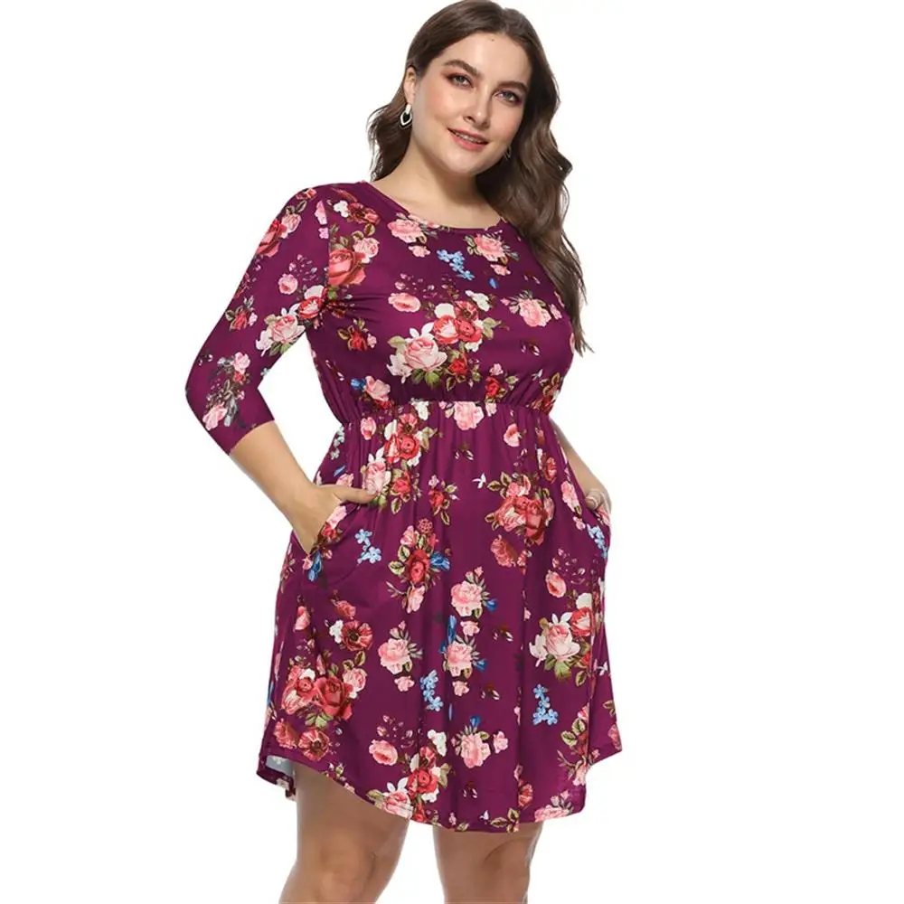 Autumn O Neck Long Sleeve Flower Print Dress Women Casual Knee-Length Dresses High Waist Plus Size 2018 New Oversize |