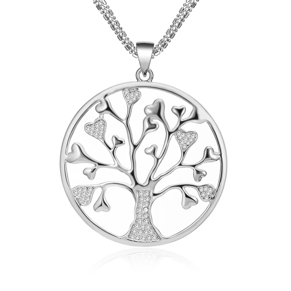 

Women Sweater Chains Tree Of Life silvery Necklaces Love Heart Rhinestone Pendant Long Necklace Chain Jewelry Accessories 2020
