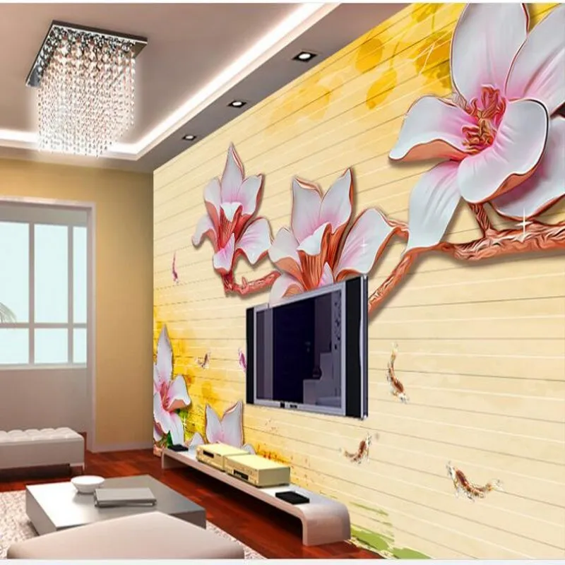 Большой Настенный фон для телевизора 3D магнолия 9 рыбок настенное Нетканые