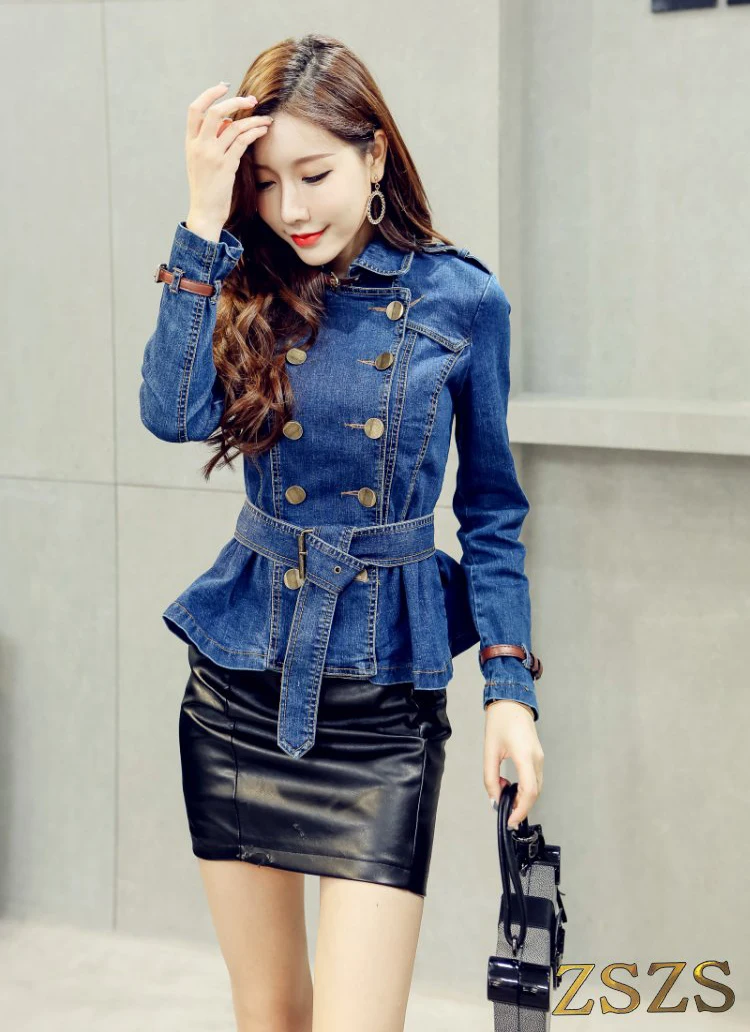 

Spring women denim skirt hem short bouble breasted jacket