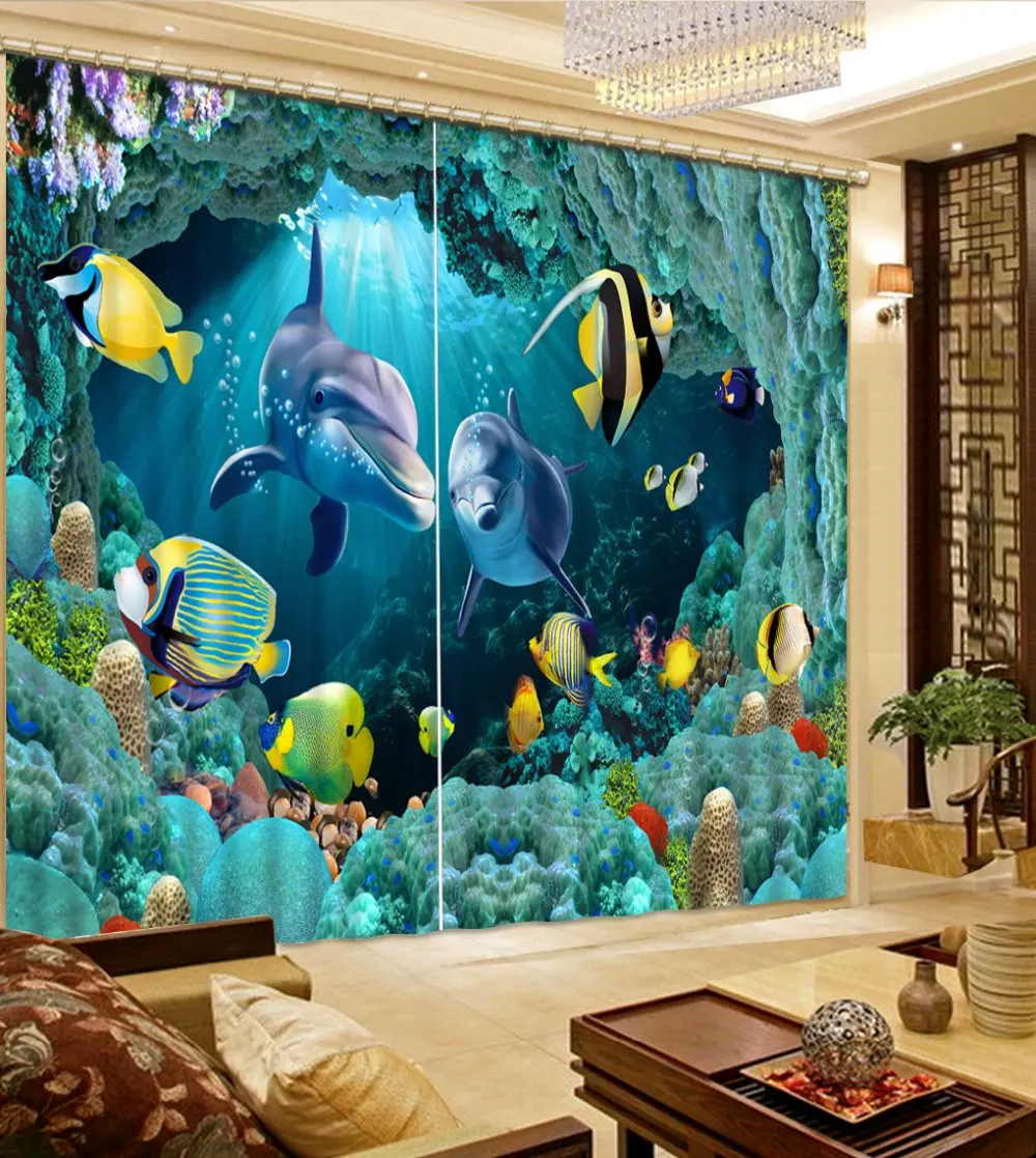 

custom 3d stereoscopic curtains Underwater world dolphin window curtains for living room luxurious curtains bedroom