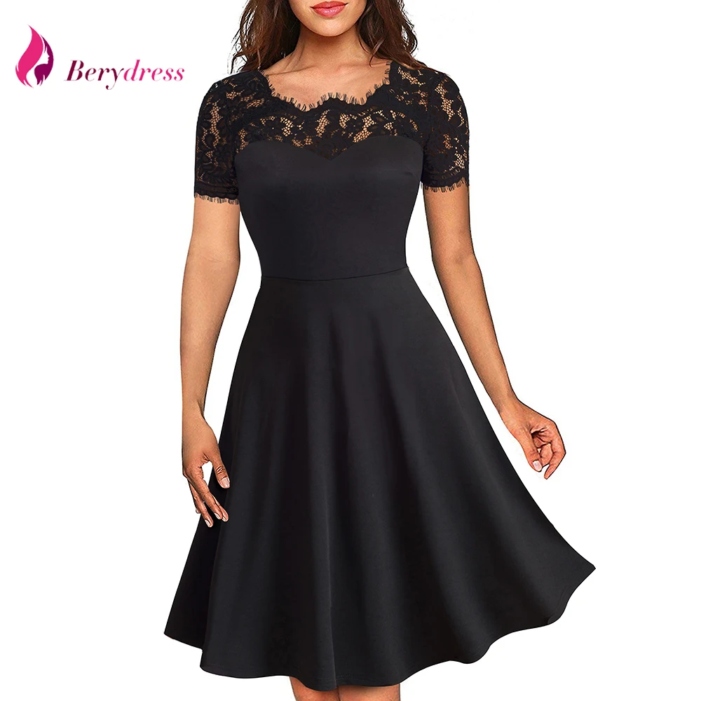 Berydress Для женщин Винтаж кружевное платье короткий рукав рокабилли Черный качели