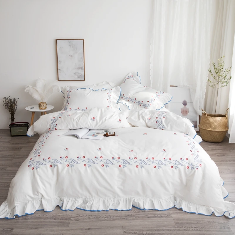 Белое роскошное свадебное постельное белье с оборками, набор постельного белья из хлопка с вышивкой, пододеяльник, наволочка
