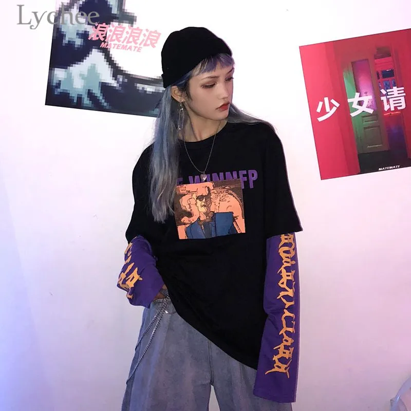 Lychee винтажный женский свитер с буквенным принтом, 2 штуки, хит цвета, круглый вырез, длинный рукав, Осенний Повседневный свободный Женский пуловер