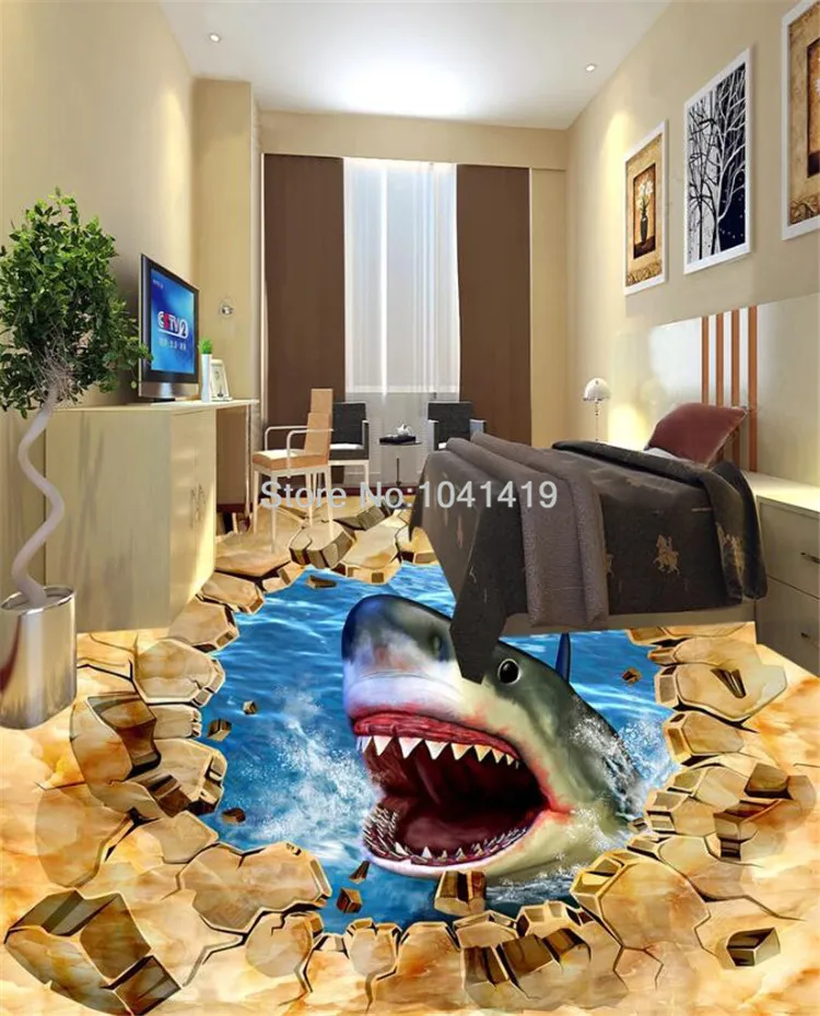 Пользовательские 3D Пол настенной бумаги стерео Акула гостиной базар ПВХ самоклеющиеся водонепроницаемый мультфильм пол наклейка 3D обои