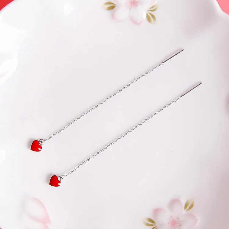 Женские длинные висячие серьги милые в Корейском стиле с красным сердечком