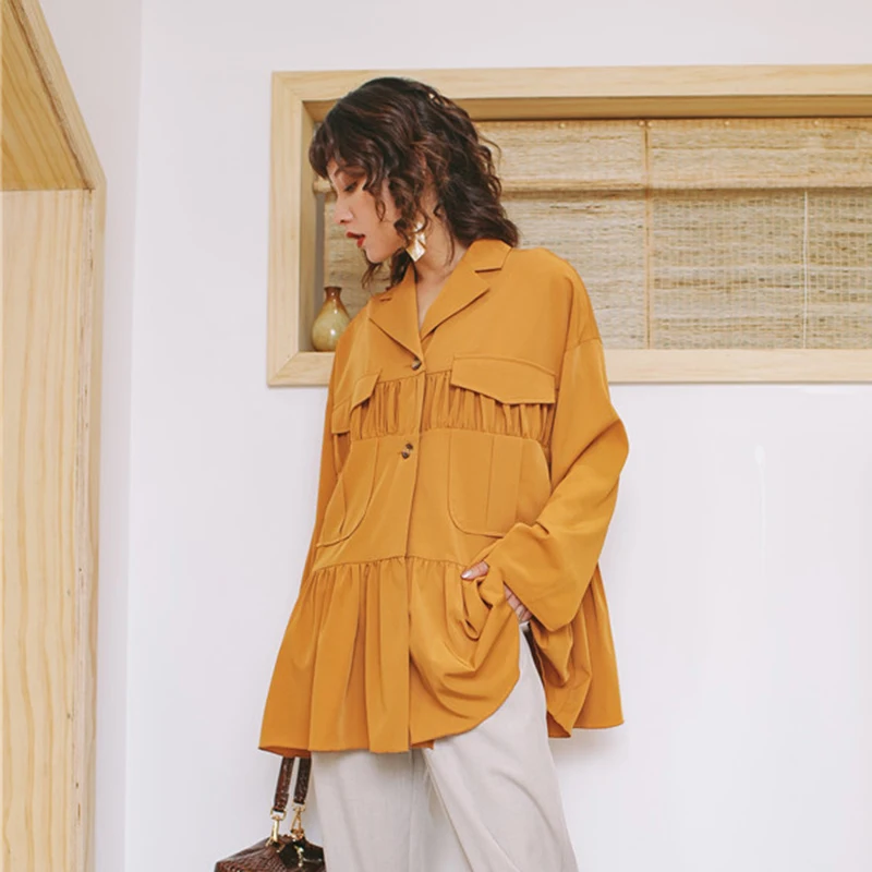 GALCAUR Vintage Ruched Blazer For Women Lapel Collar Long Sleeve Large Size Coat Female Fashion Clothing Summer New