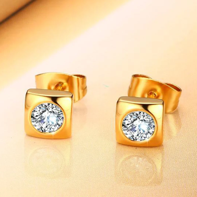 Shiny CZ Stone Stud Earrings for Women Wedding Gold-color Stainless Steel Geometric Party Gift Jewelry | Украшения и аксессуары