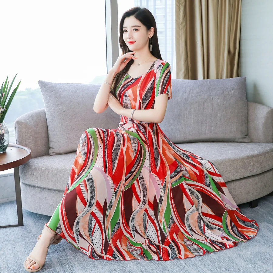 Женское пляжное платье макси винтажное шифоновое миди с принтом элегантное