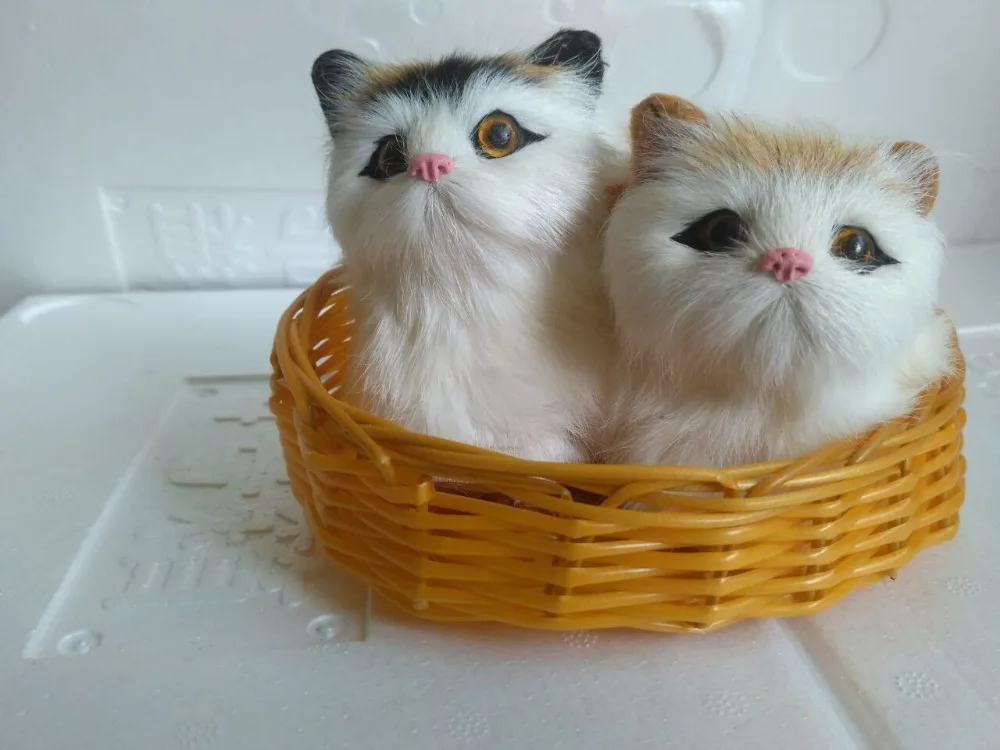 

12x11x10cm simulation white conjoined cats model with basket polyethylene&furs handicraft Miniatures decoration toy a2351