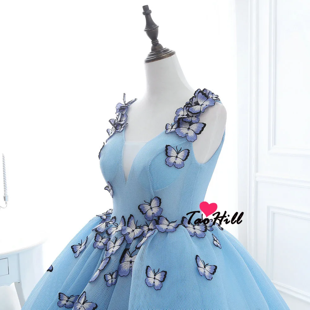 TaoHill Free Shipping Ball Gown Deep V-neck Sky Blue Evening Dress Straps With Butterfly Flowers Princess Party Dresses | Свадьбы и