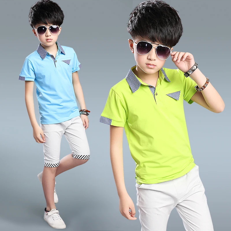 Kids Boys Short-sleeved Suit Summer Children's Cotton T-shirt + Boy Shorts 5-15 Years Teenager Boy' Sets Polo Tee |