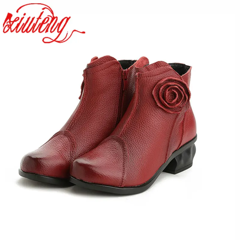 Xiuteng/высокое качество; Mujer Chaussure; женские ботинки из натуральной кожи; повседневные женские туфли-лодочки; зимние сапоги; плюшевые зимние сапоги для женщин - Цвет: Красный