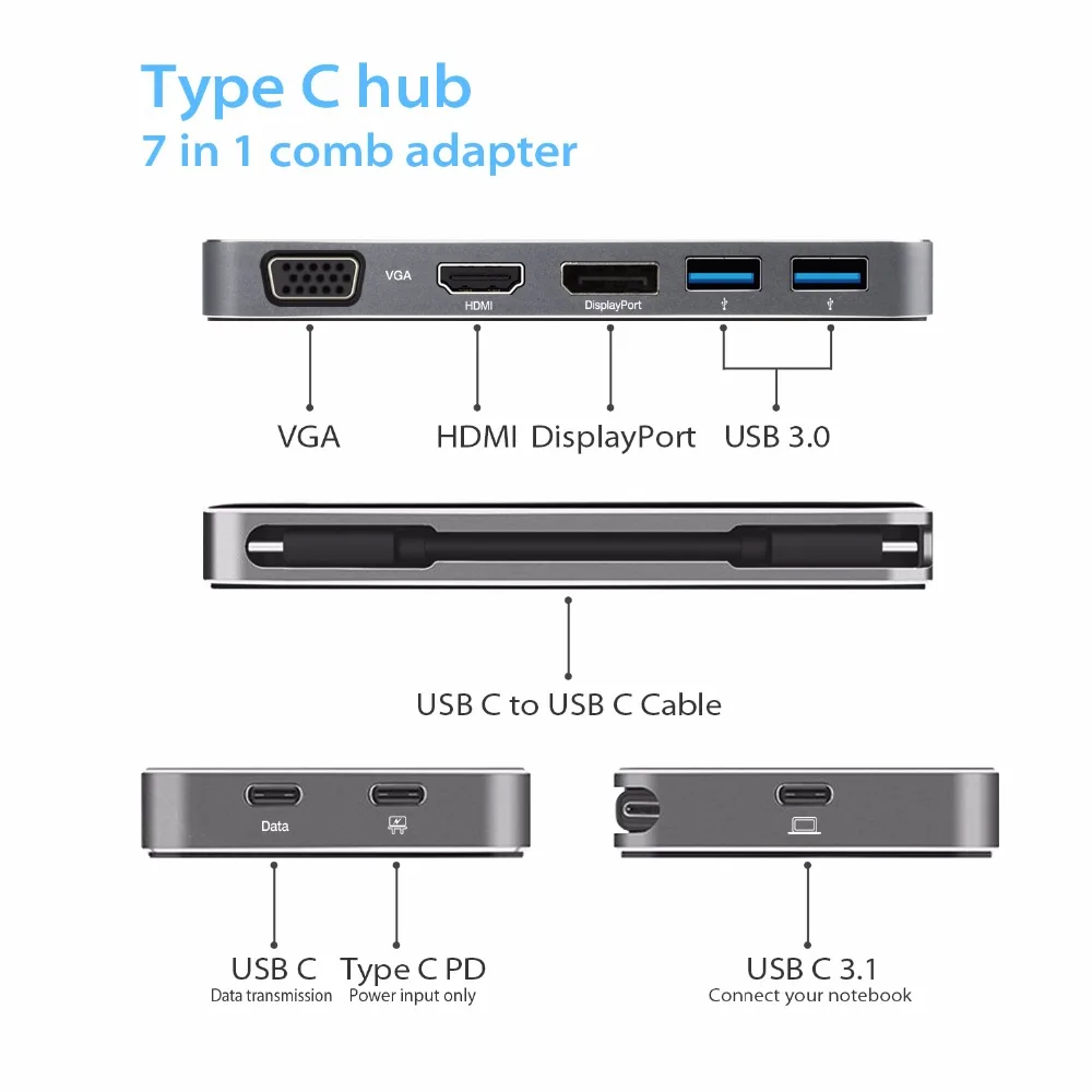 JZYuan 7 IN 1 USB-C Type C 3.1 Hub to HDMI DP VGA 1080P Video Adapter With PD Power Delivery Dual USB 3.0 HUB | Компьютеры и офис