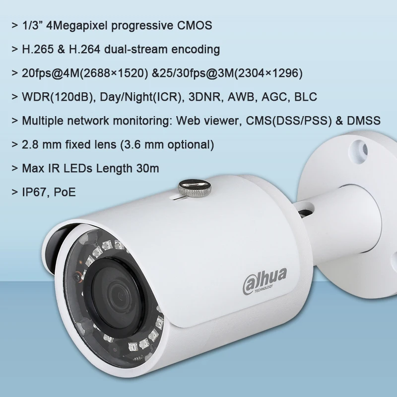 Оригинал Dahua IPC-HFW1431S 4MP WDR IR мини-пуля камера с максимальными ИК светодиодами длина