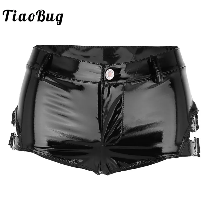 Женские черные лакированные кожаные мини шорты TiaoBug для ночного клуба