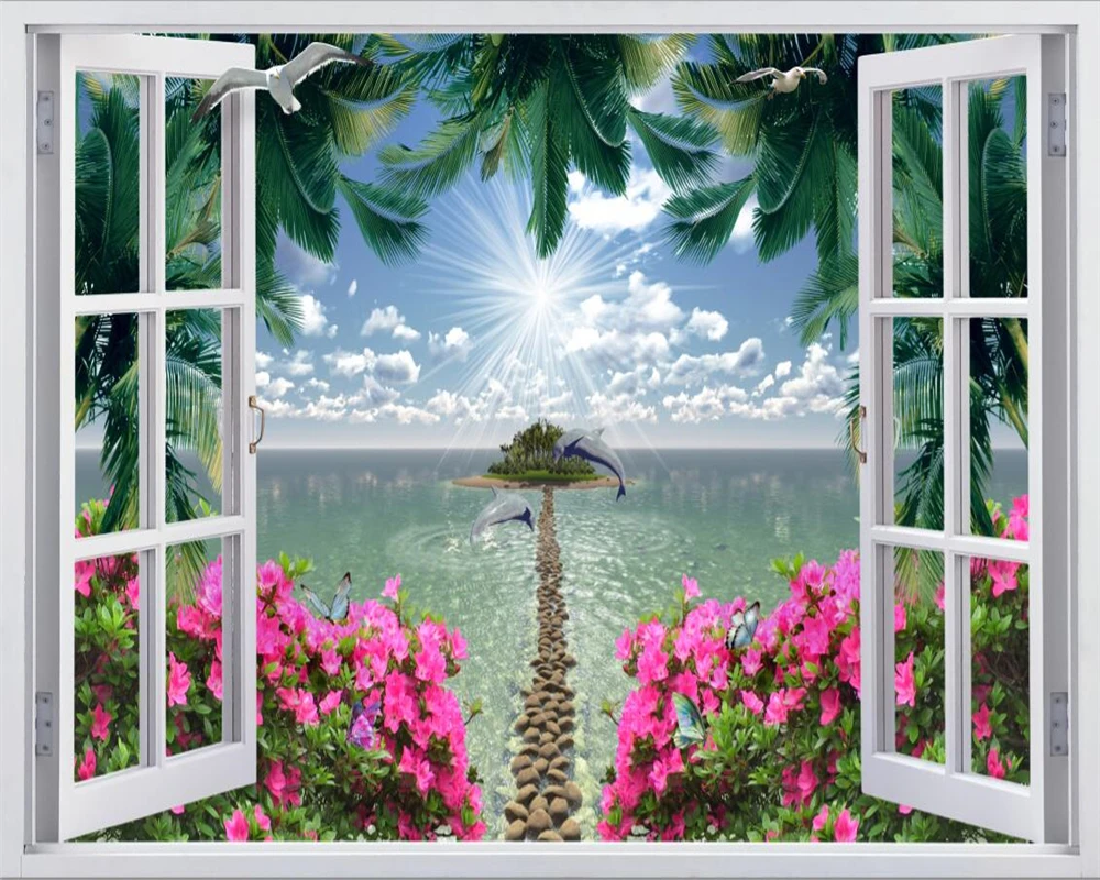 Обои на заказ 3D Фреска окно кокосовое дерево морской пейзаж красный цветок