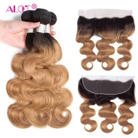 alot brazilian 1b27 honey ombre body wave pre colored human hair bundles with frontal non remy dark root hair weaving