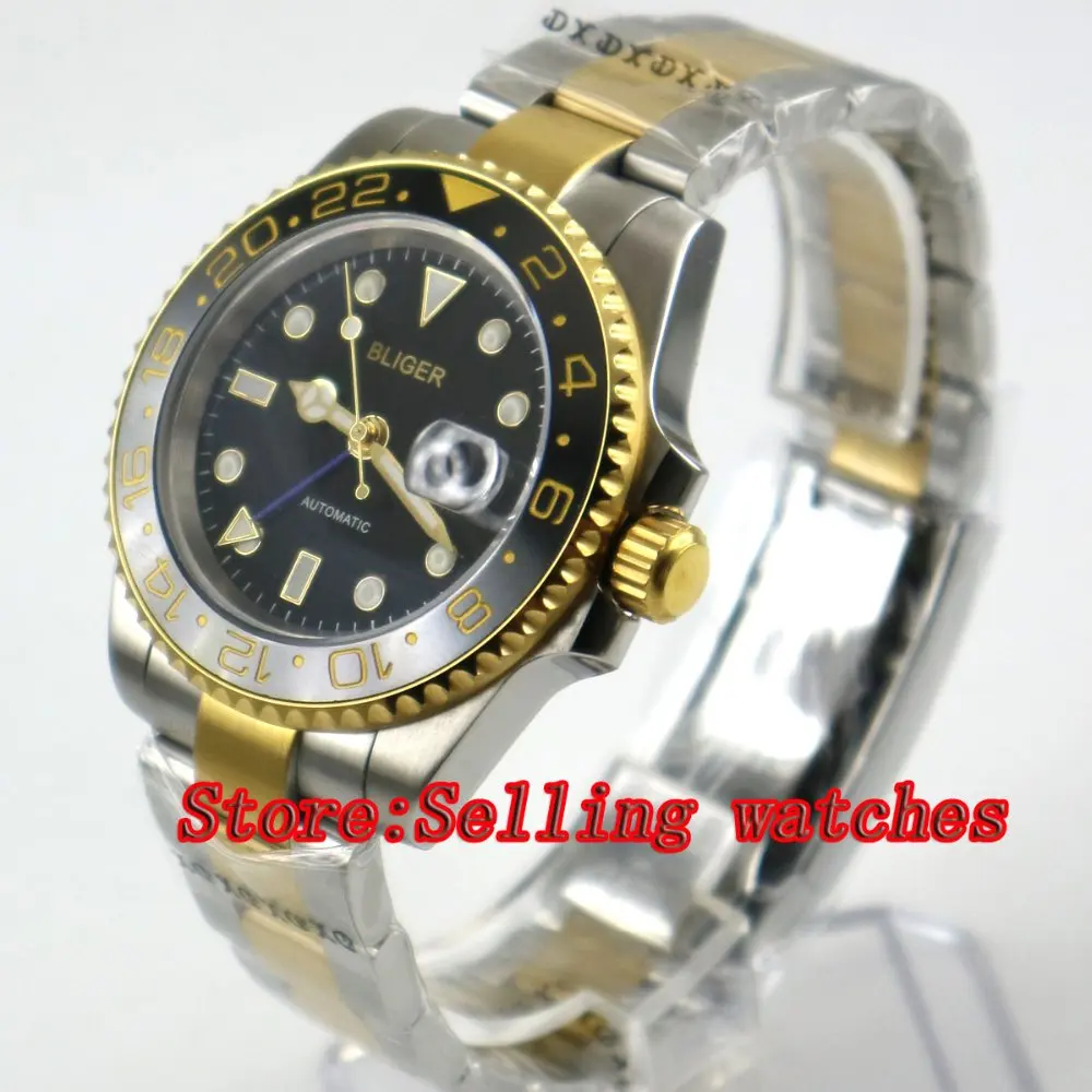 

Bliger 40mm black dial GMT Ceramics Bezel Gold side shells steel-Gold strap Automatic Men's Watch