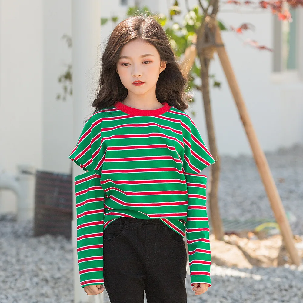 Коллекция 2019 года Осенняя детская одежда модная рубашка в полоску для девочек