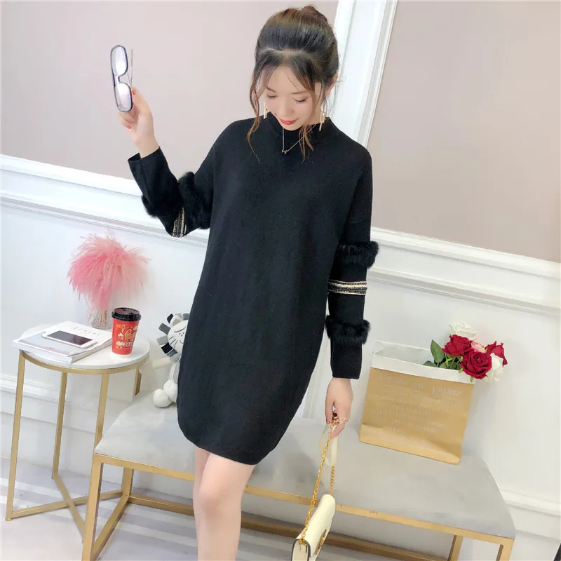 Mid-length Pullover Sweater Women's 2020 Autumn Winter Pearl Loose Dress Rabbit Fur Long-sleeved | Женская одежда