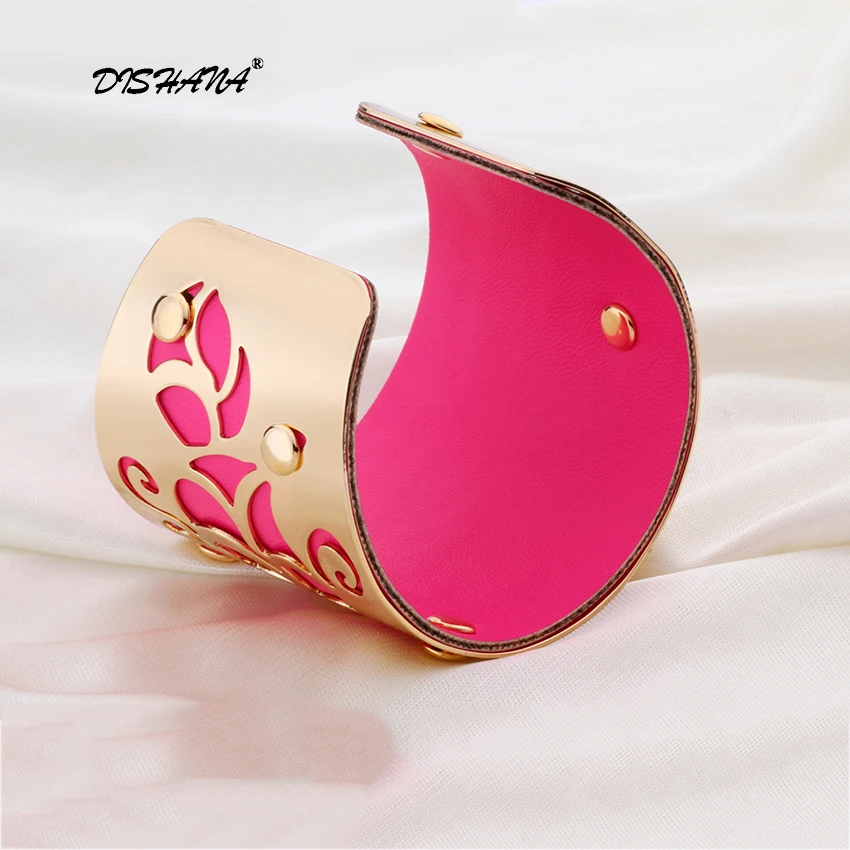 Женский браслет манжеты широкий кожаный золотого цвета с розами S0001|bangles for women|flower