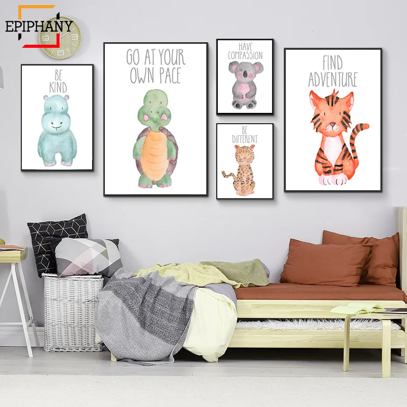 Watercolor Animal Nursery Art Canvas Painting Anime Poster Koala Tiger Turtle Elephant Posters and Prints Kid Boys Bedroom Decor|Рисование