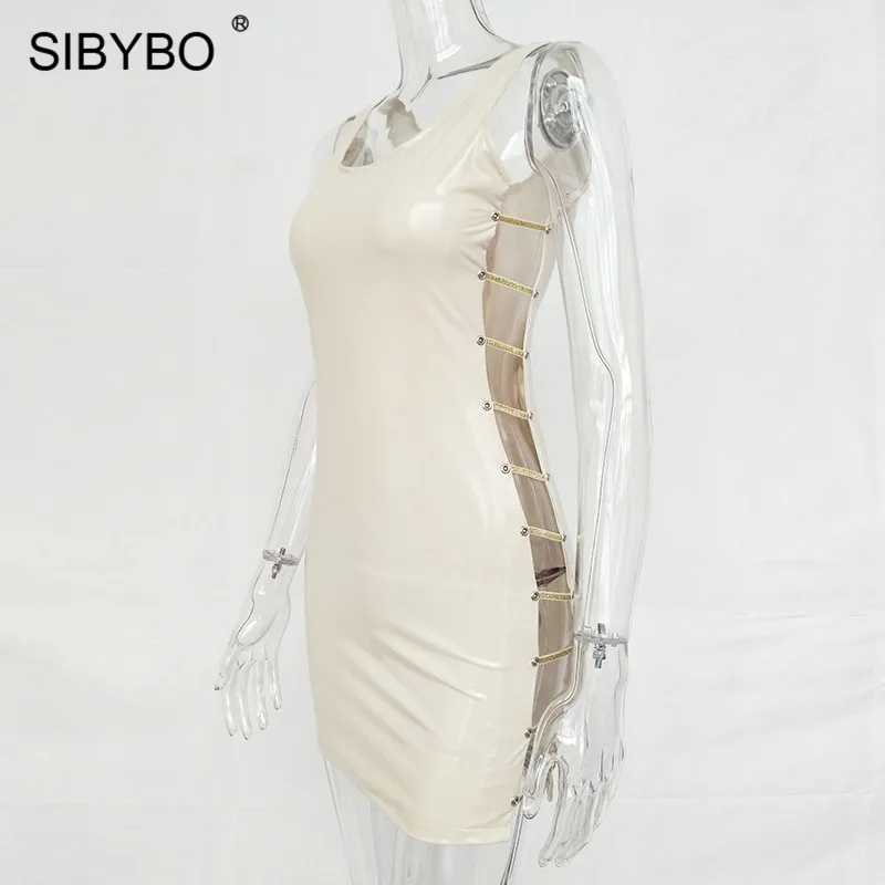 SIBYBO, сексуальное летнее женское платье из искусственной кожи, новинка, модное мини платье на бретелях без рукавов с круглым вырезом, Клубные вечерние платья, короткие
