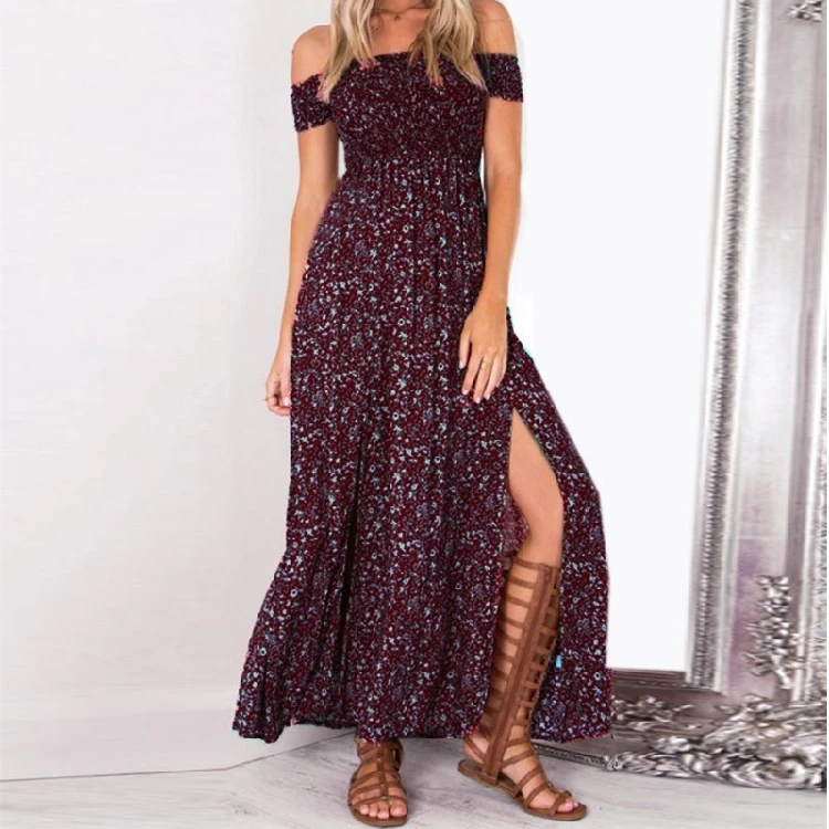Женское платье в пол богемное вечернее с разрезом по бокам открытыми плечами и