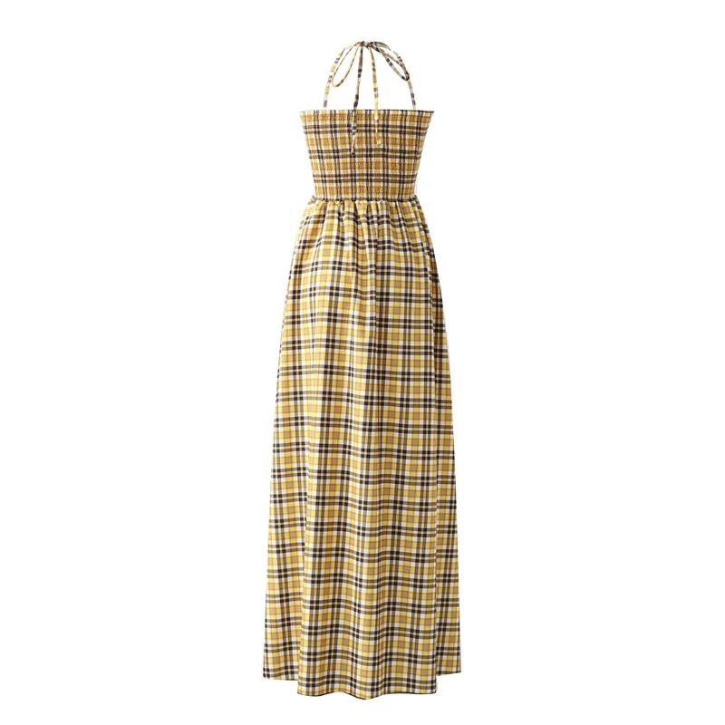 new 2019 plaid women dress spaghetti strap sleeveless a line long dresses summer yellow fashion party maxi chic ladies vestidos | Женская
