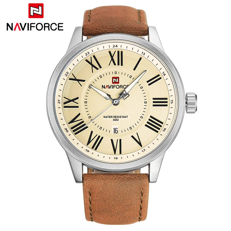 NAVIFORCE новые брендовые модные часы мужские спортивные кварцевые часы водонепроницаемые кожаные Наручные часы мужские часы в римском стиле relogio masculino - Цвет: Silver Yellow