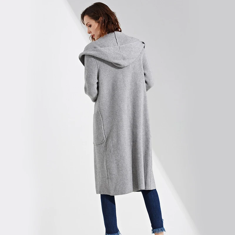 HCYO длинный толстый свитер женский с капюшоном вязаный кардиган пальто