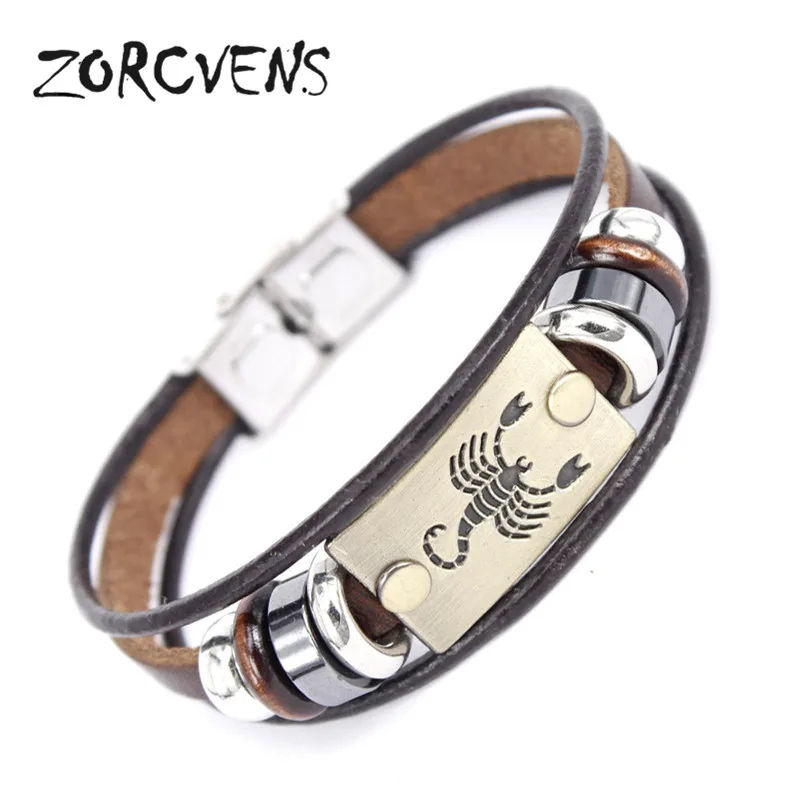 ZORCVENS 2021 New Fashion 12 Constellation Signs Bracelets Bangles Stainless Steel Leather Bracelet for Men | Украшения и