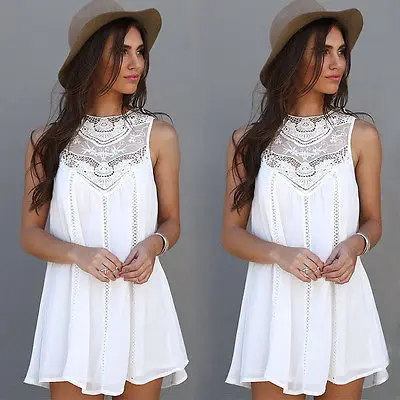 2017 Women Lace Sleeveless Casual Summer Dress Ladies Loose Beach BOHO Short Mini Hollow Out White Party Sundress | Женская одежда