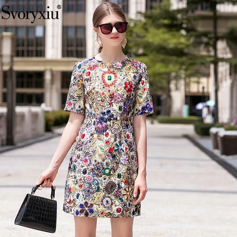 

Svoryxiu Runway luxury Crystal Diamond Vintage Dress Women's Fashion Short Sleeve Printed Summer Party Mini Dress Vestdios