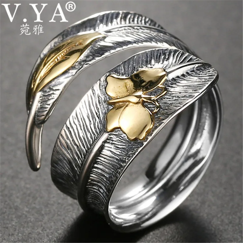 V.YA 925 Серебряное кольцо для Для мужчин женщин Лист Стиль Футболка с бабочками и