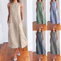 casual maxi dress sleeveless linen women long summer dress striped cotton baggy dress